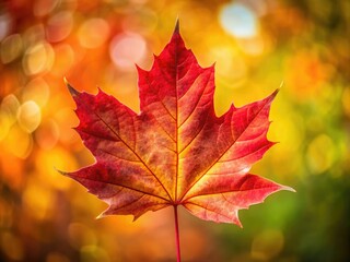 Fototapeta premium Single, autumnal maple leafâ€”a striking red portrait showcasing fall foliage's rich color.