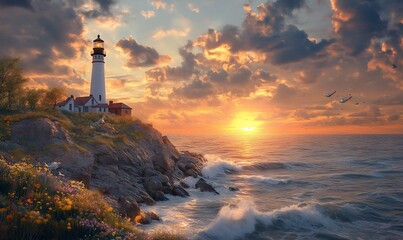 Dramatic sunrise over ocean with lighthouse on cliff.