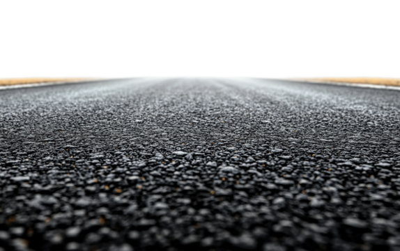 Asphalt road with white dividing line, perspective view of empty highway with textured surface, urban travel concept, detailed pavement isolated on transparent background