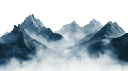 Mystical mountain range covered in fog, dramatic peaks and misty landscape with moody atmospheric design perfect for fantasy and nature themes isolated on transparent background