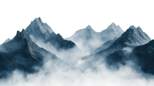 Mystical mountain range covered in fog, dramatic peaks and misty landscape with moody atmospheric design perfect for fantasy and nature themes isolated on transparent background