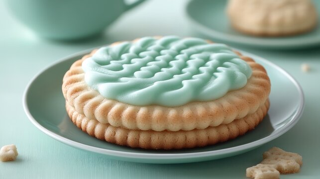 A large, frosted cookie with a mint green icing on a plate, set against a pastel backdrop.