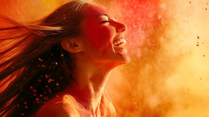 A joyous woman with flowing hair is covered in vibrant orange and red powder, laughing with exhilaration. The colorful explosion surrounds her, creating a dynamic and festive atmosphere.