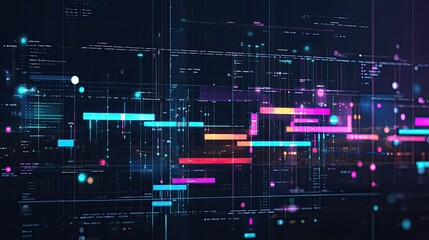 Abstract Digital Data Visualization: Neon Hues & Networked Information