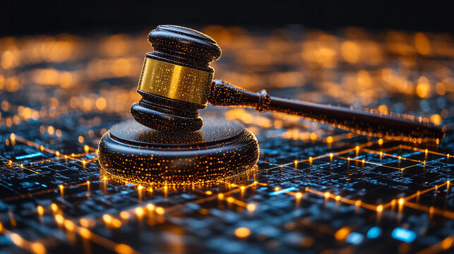 Judge gavel placed in front of data center servers representing the intersection of traditional jurisprudence and modern data-driven justice highlighting the duality of law and technology in today’s w - Powered by Adobe