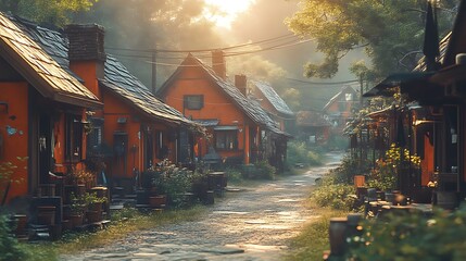 Obraz premium Orange houses line a sunlit village path