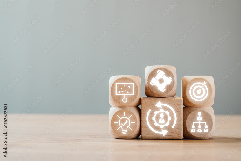 Poster wooden blocks with icons representing change management concepts, illustrating business strategy and