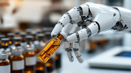 Robotic Hand Holding A Small Vial Of Liquid