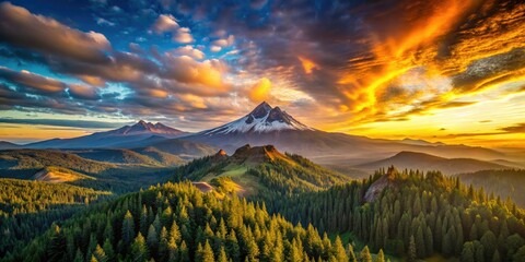 Soaring above Oregon, capturing sunset's fiery embrace on majestic mountains.