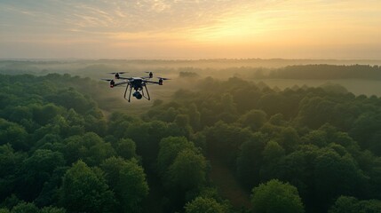 Fototapeta premium Drone Aerial Photography Over Misty Sunrise Forest