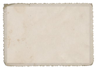 Vintage scalloped edge photo paper with dust, creases, and splatters on transparent background (png image). Useful for design, vintage effects, and backgrounds.	