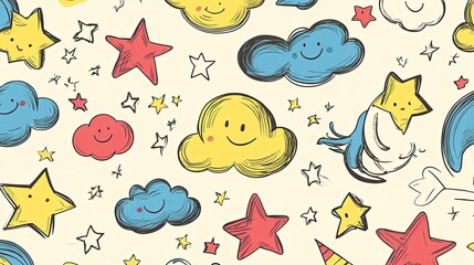 Whimsical Doodle Pattern: Happy Clouds and Stars