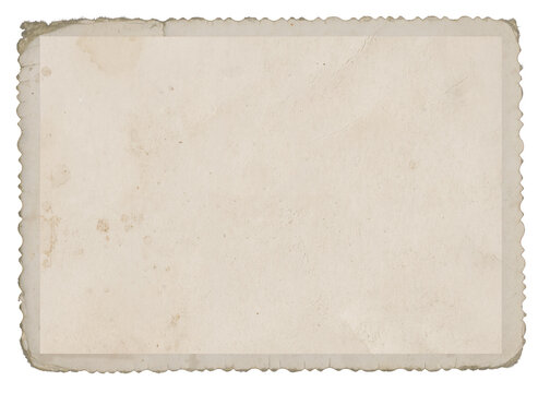 Vintage scalloped edge photo paper with dust, creases, and splatters on transparent background (png image). Useful for design, vintage effects, and backgrounds.	