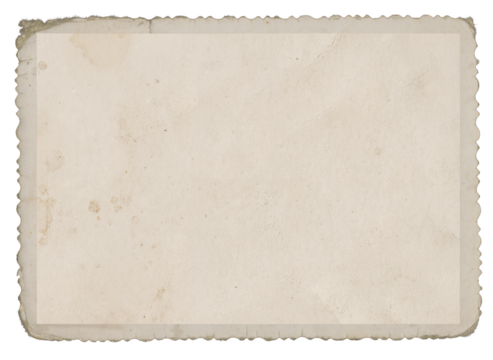 Vintage scalloped edge photo paper with dust, creases, and splatters on transparent background (png image). Useful for design, vintage effects, and backgrounds.	