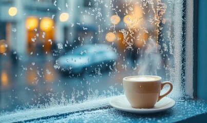 Cozy winter cafe view through a frosty window with a cup of cappuccino.