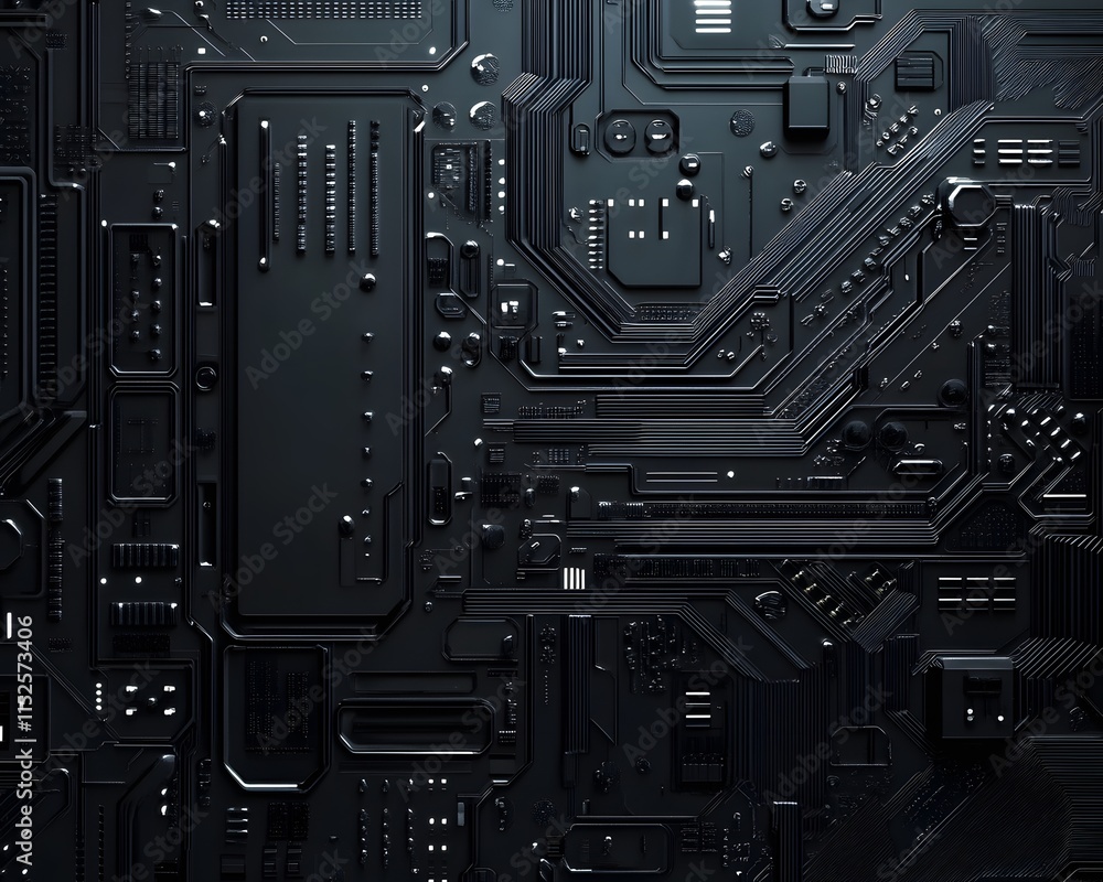 Poster black circuit board with integrated circuits and pathways