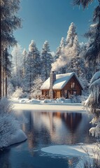 Cozy winter cabin nestled in a snowy forest reflecting on a frozen lake.