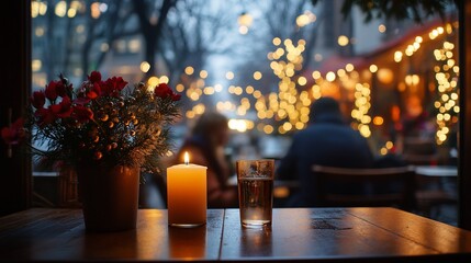 Cozy cafe table with candlelight, winter evening view.