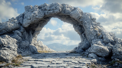 A stunning rock archway symbolizing the balance between chaos and nature, an awe-inspiring structure that blends human craftsmanship with natural beauty, evoking mystery and wonder
