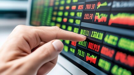 Hand Touching Stock Market Data on a Screen Finance App Trading Investment