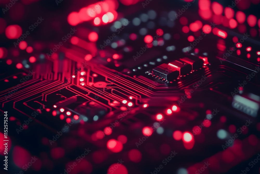 Poster close-up of illuminated circuit board with electronic components