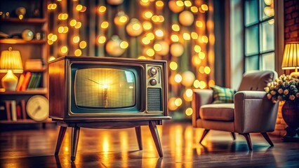 Step back in time!  Vintage TV, cozy 70s/80s aesthetic, bokeh lights, perfect retro home decor.