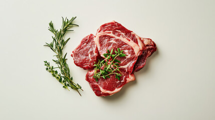 Obraz premium Succulent, fresh lamb cuts with a vibrant red tone, delicate herb garnish for accent, high-resolution details, bold and crisp textures against a pure white background, refined and clean aesthetic, ult
