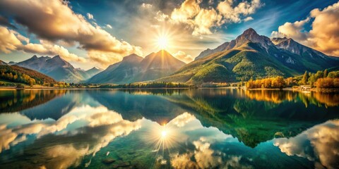 Obraz premium Stunning double exposure captures Lago di Gallo Matese's breathtaking Italian mountain lake views.