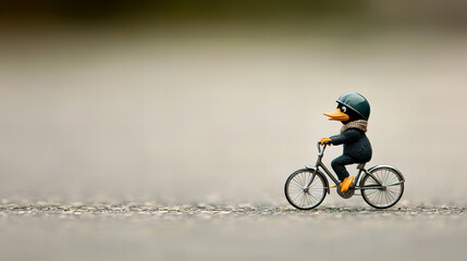 Obraz premium Duck with helmet and scarf rides a tiny bicycle along a smooth surface during the day