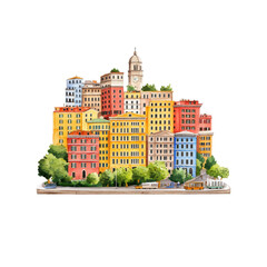 Waterfront City View in Watercolor Style