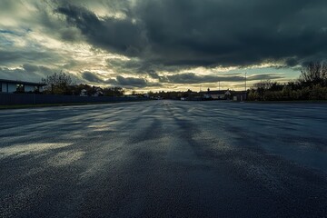 Empty wet asphalt parking lot under dramatic cloudy sky.