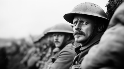 Group of soldiers in a trench looking vigilant during wartime