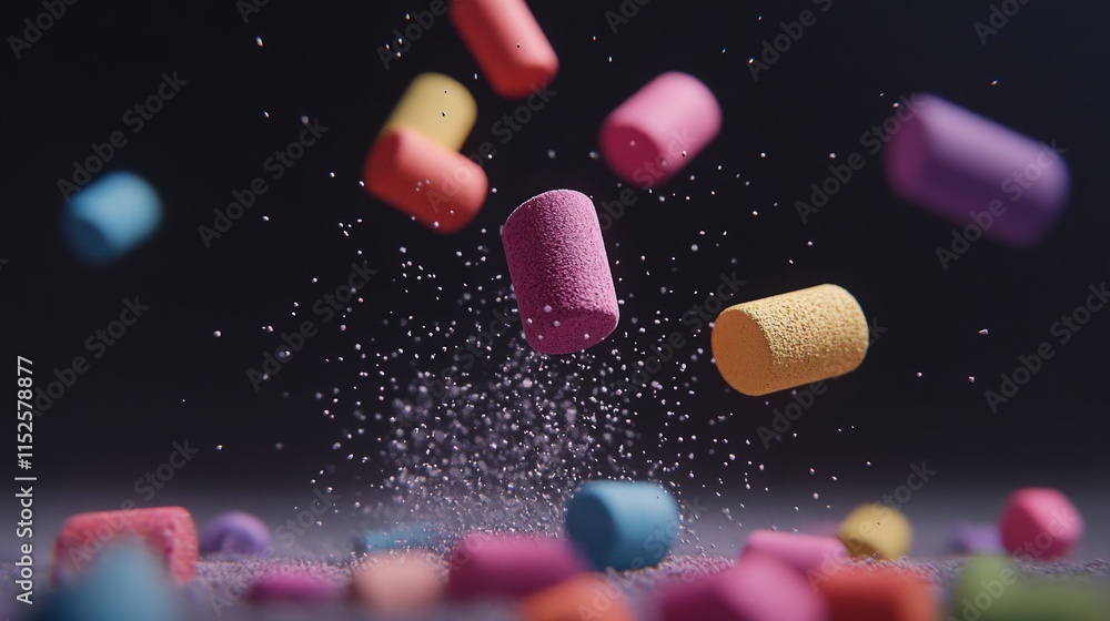 Fototapete Colorful Foam Shapes Floating in Air with Sparkling Particles on Dark Background Creating a Dynamic and Vibrant Composition for Backgrounds or Product Displays
