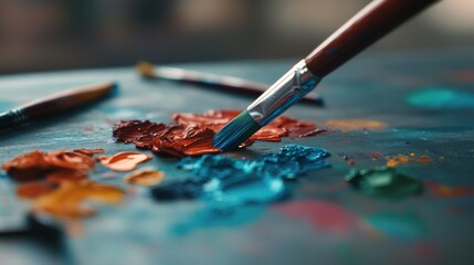Fototapeta premium Vibrant Paint Palette with Brush, Close-Up on Colorful Oil Paints, Artist Tools on a Canvas Surface for Creative Expression and Artistic Inspiration