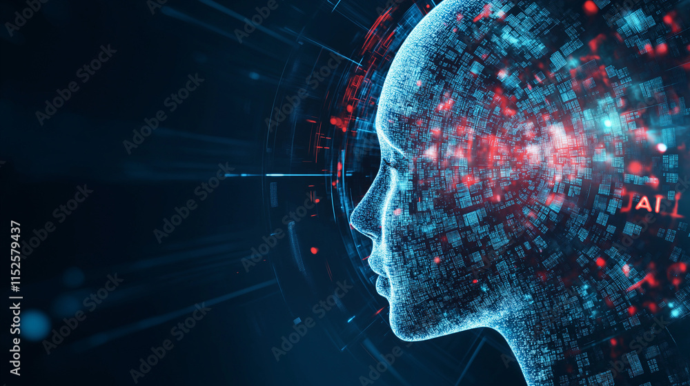 Poster the digital mind: abstract futuristic concept of a human head composed of digital data, exploring th