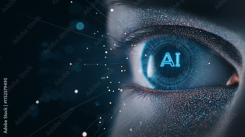 Poster ai eye: a captivating close-up of a human eye with an ai symbol embedded in the iris, suggesting the