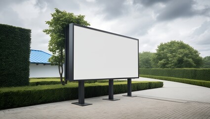 Fototapeta premium Big white blank advertisement billboard in a green park