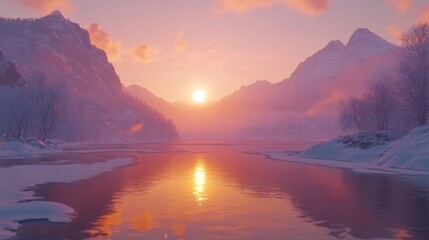 Serene Winter Sunset Over Snowy Mountains And Frozen Lake