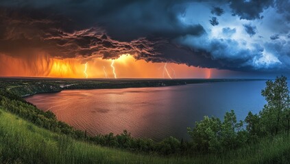 Photo of a dramatic thunderstorm over the lake, with dark clouds and rain creating an ominous atmosphere