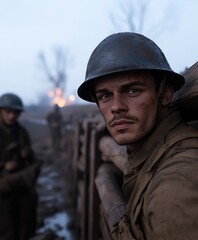 Fototapeta premium Portrait of a soldier in a World War I trench
