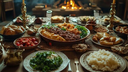Fototapeta premium Lavish Medieval Feast Table Abundant Food