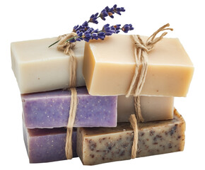 Stack of colorful handmade artisan soaps with natural ingredients, tied with twine ropes and decorated with lavender, PNG file isolated on transparent background.