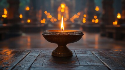 Illuminated oil lamp sits on wooden table among many lights