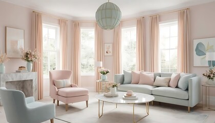 Fototapeta premium Elegant Living Room Decor Pastel Colors Modern Furniture