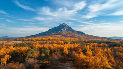 Expansive panoramic view of rugged mountain range blanketed in vibrant autumn foliage, symbolizing nature's beauty and chaos, with sweeping vistas that evoke a sense of both tranquility and wildness