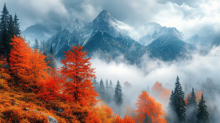 Expansive panoramic view of rugged mountain range blanketed in vibrant autumn foliage, symbolizing nature's beauty and chaos, with sweeping vistas that evoke a sense of both tranquility and wildness
