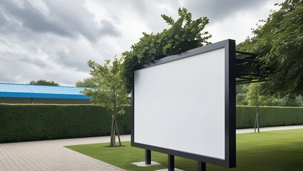Big white blank advertisement billboard in a green park