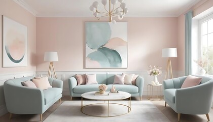Fototapeta premium Elegant Living Room Decor Pastel Colors Modern Furniture