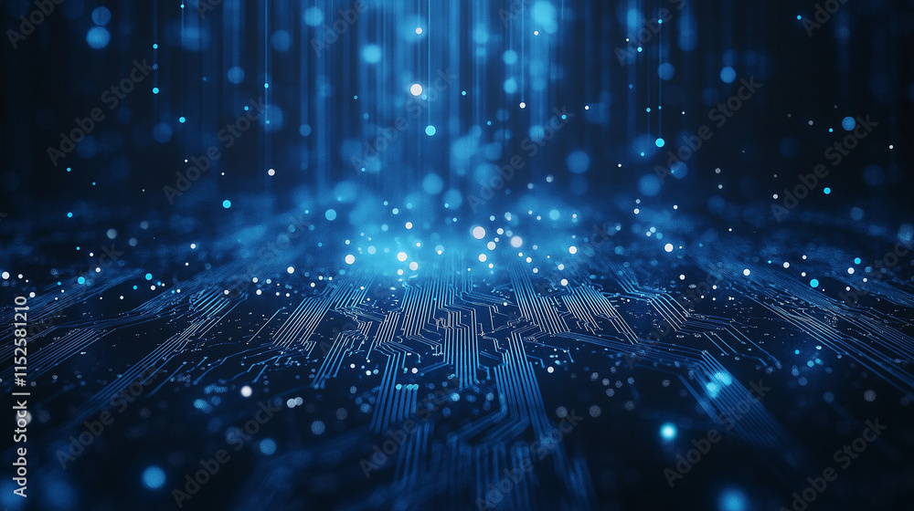 Poster digital rain: a mesmerizing abstract backdrop of blue digital rain cascading upon a circuit board, s