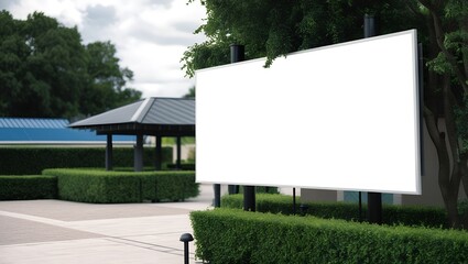 Big white blank advertisement billboard in a green park